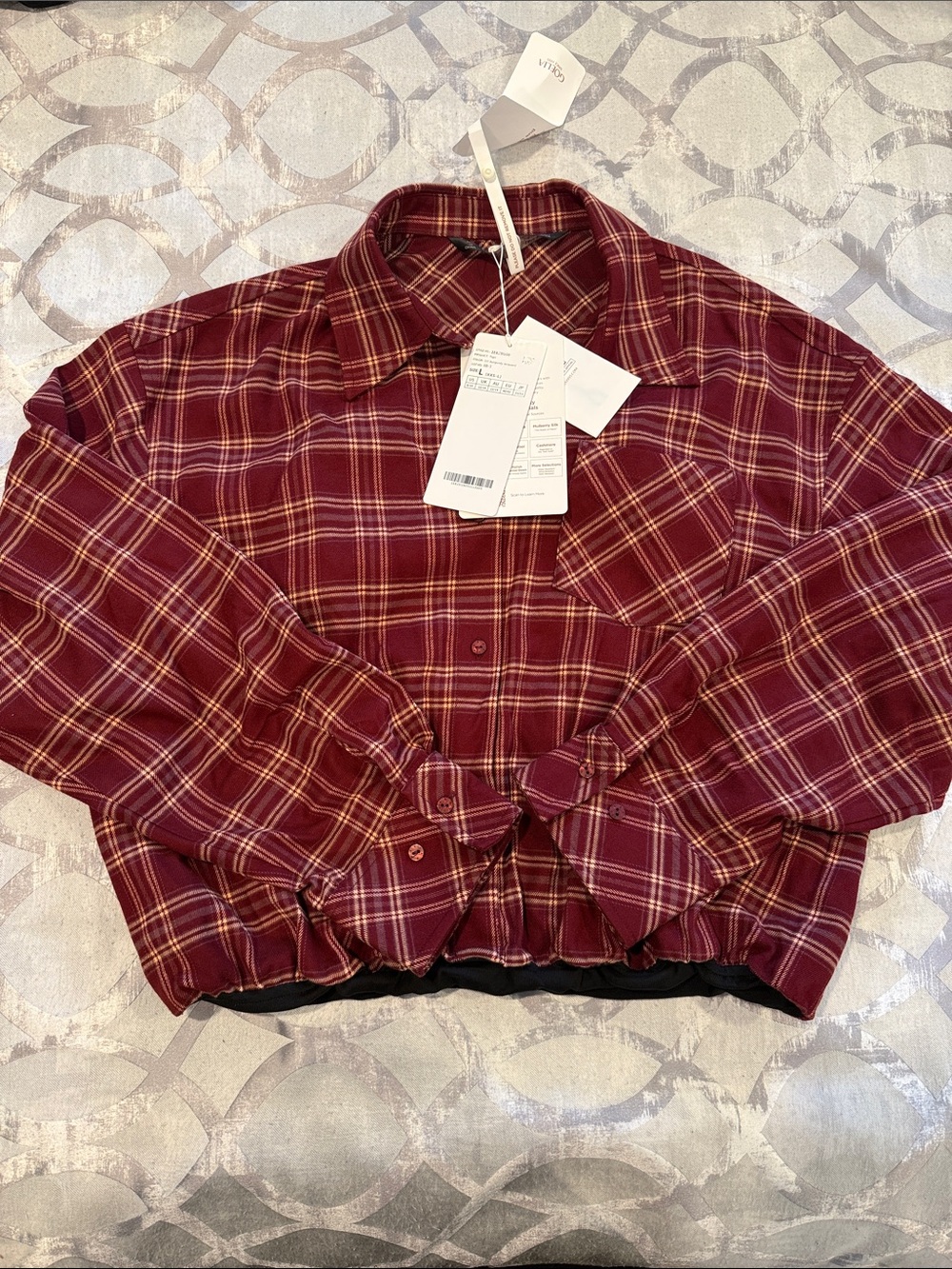 Plaid Button-Front Cropped Shirt in Burgundy
